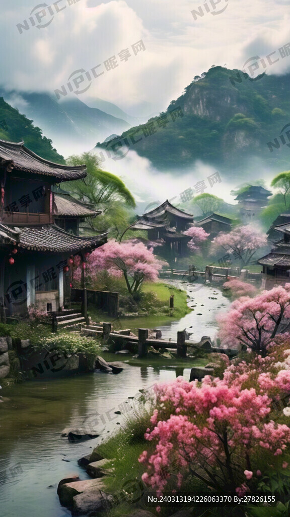 古村落 远处青山 云雾缭绕