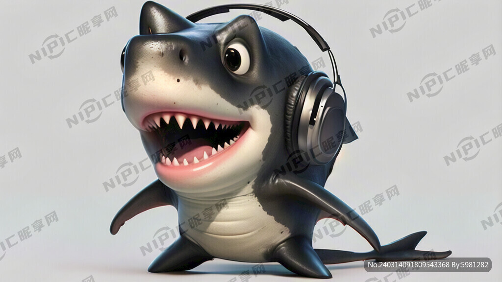 带耳机 跳舞 微笑 可爱 鲨鱼