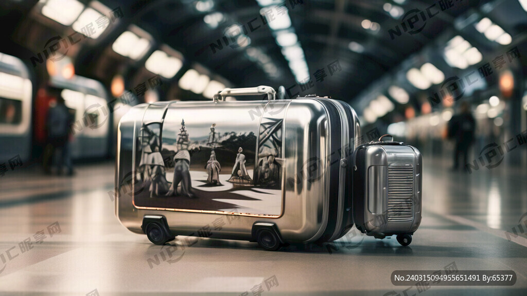 在动车站拉着银色旅行箱出发去旅