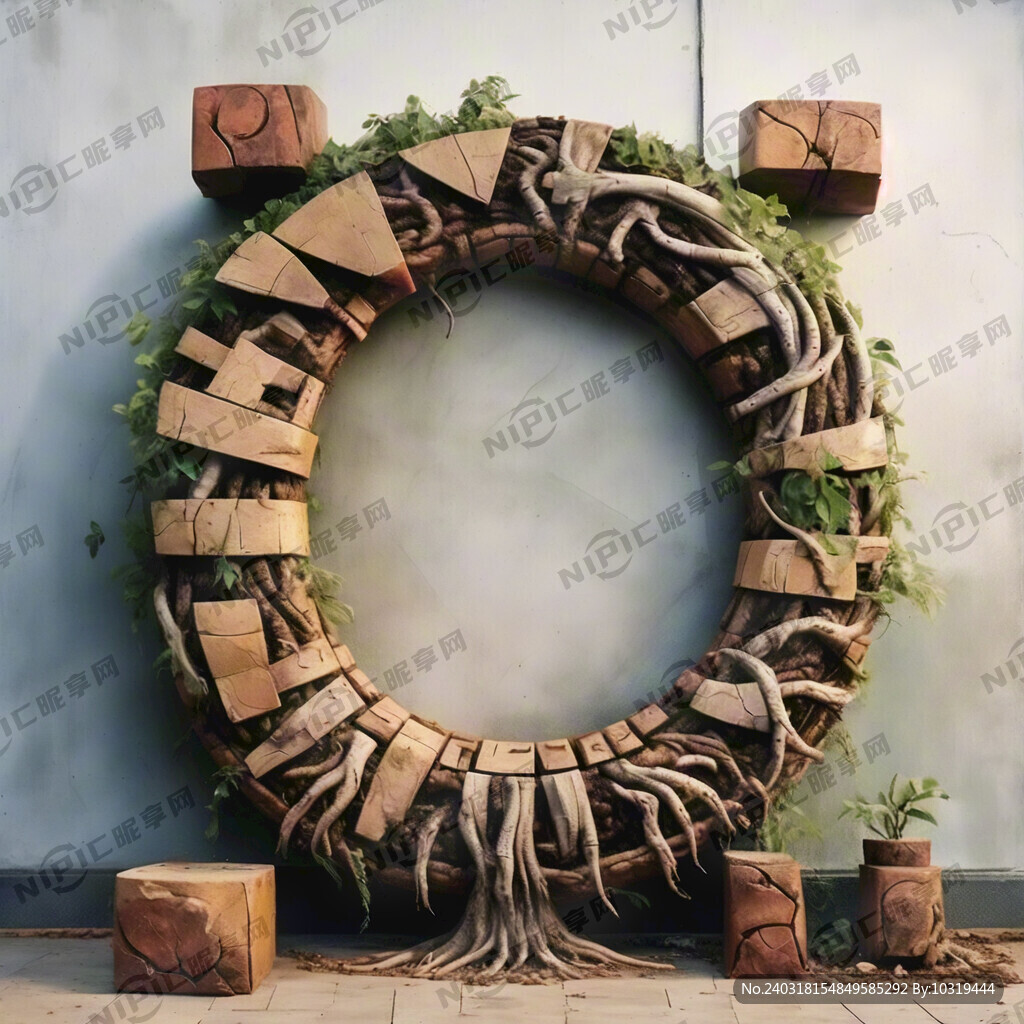 利用树根拼接成喜字的造型