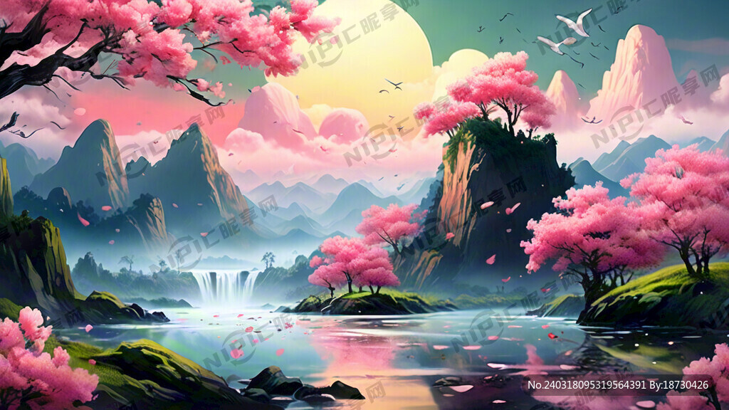 唯美浪漫国潮山水 粉色天空