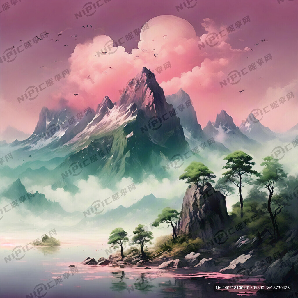 中国风浪漫山水 全图粉绿组成