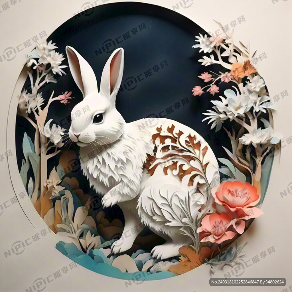 中国风剪纸兔子 线条画 可爱