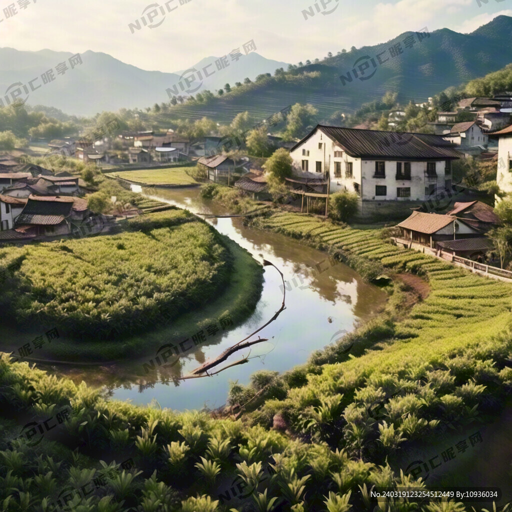 茶山村鸟瞰图 房子白墙黑瓦