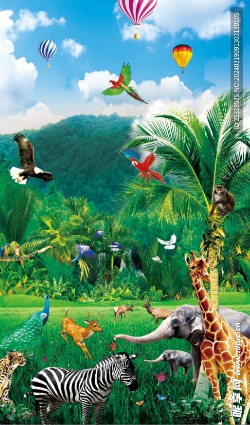 蓝天白云绿草地热带雨林动物