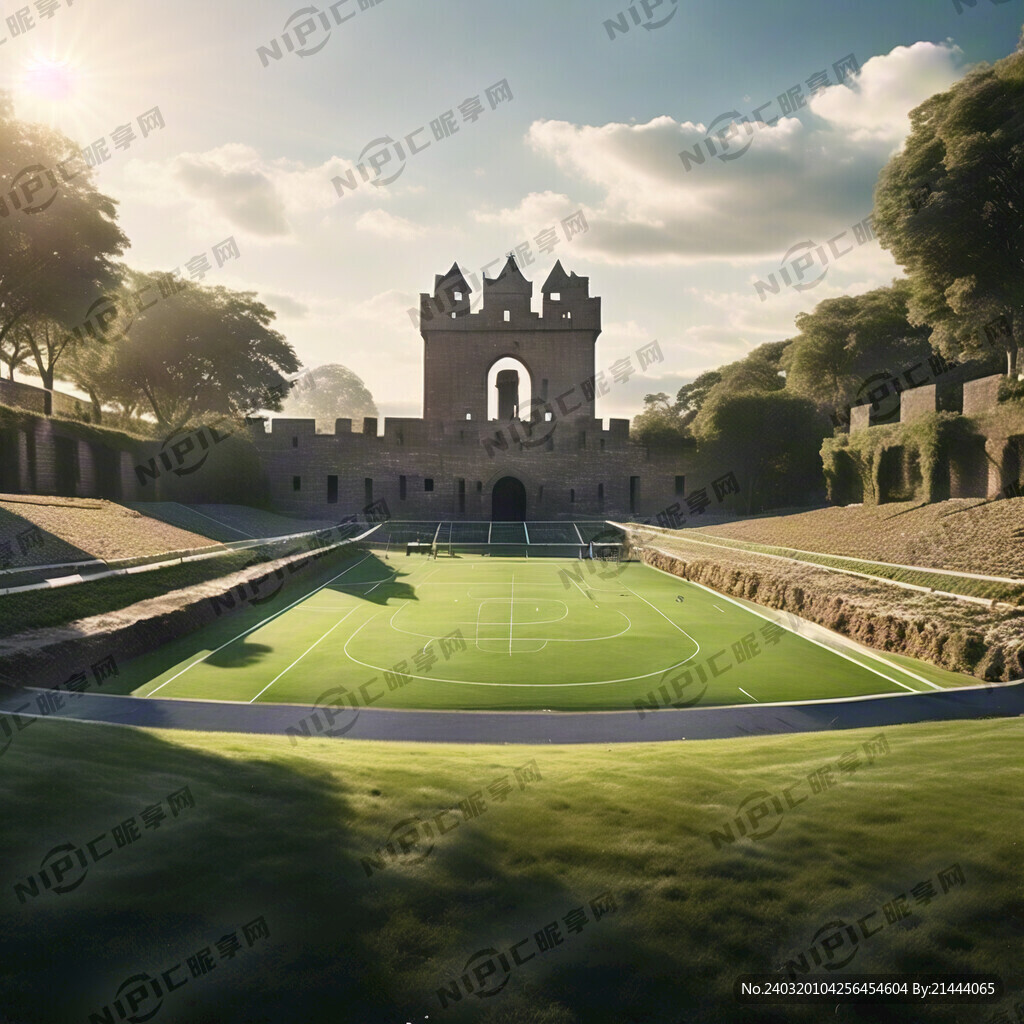 朝阳下远处古堡景观草坪中景是足