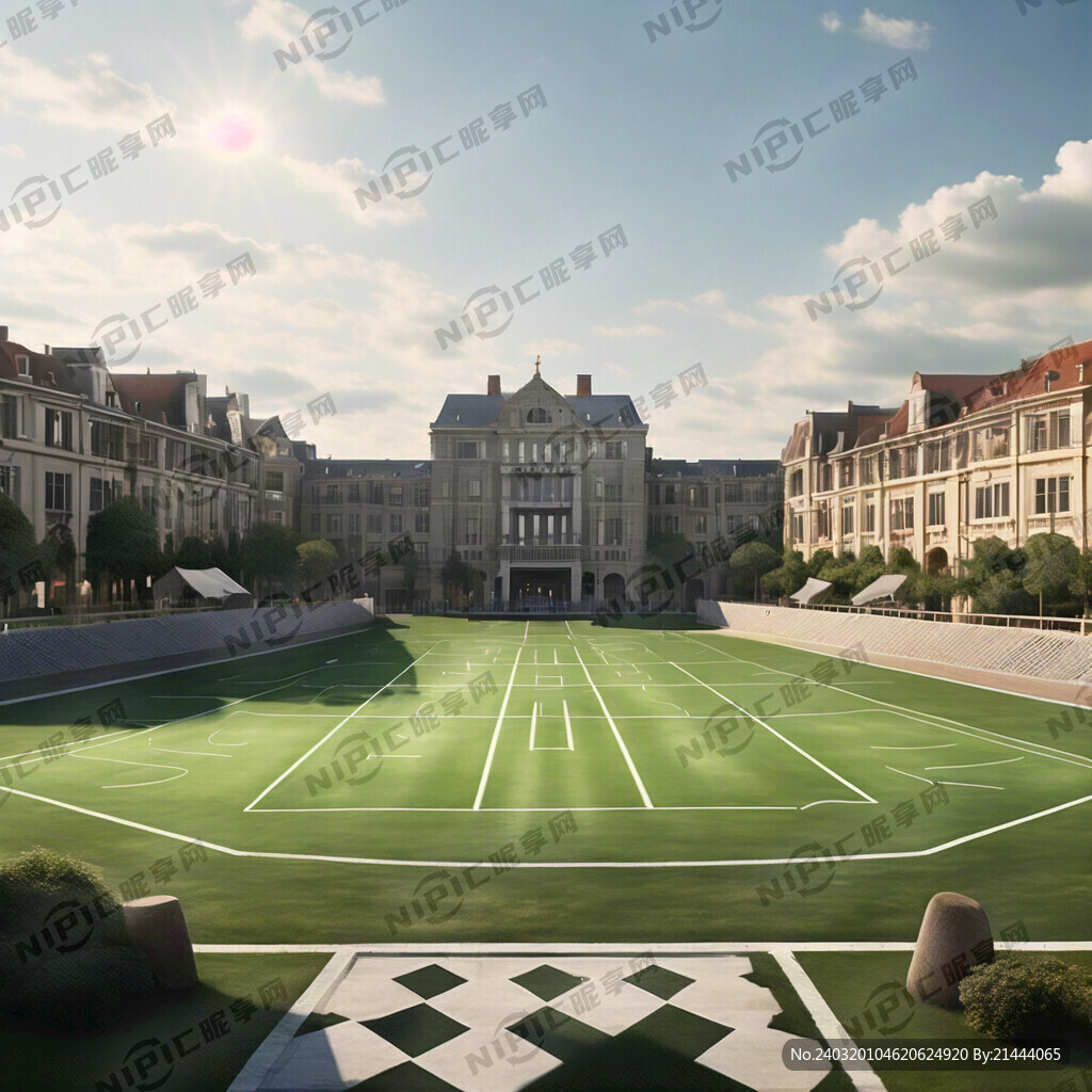 朝阳下远处高档欧式酒店主楼四面