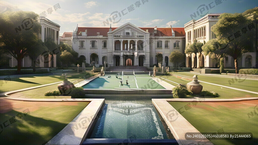 暖色的朝阳下远处高档欧式酒店主