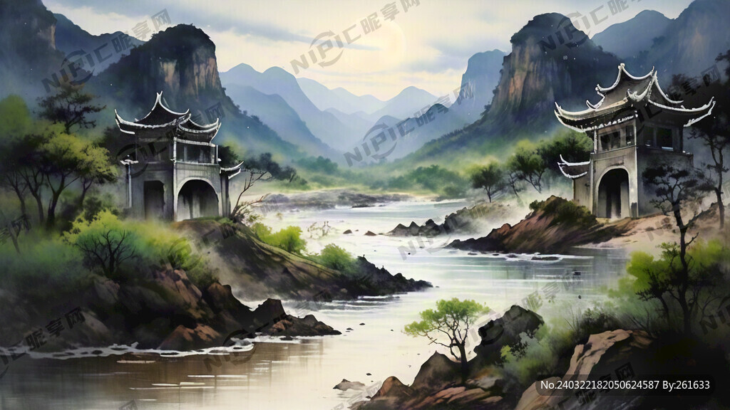 用长汀济川门作水墨风格 写意