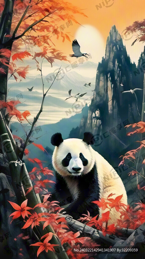 熊猫 山峰 竹林 野鹤