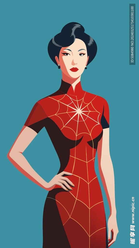 穿蜘蛛花纹的国风旗袍美女