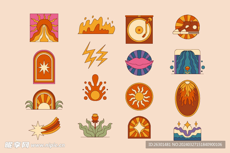 火山闪电花朵水纹矢量创意插画