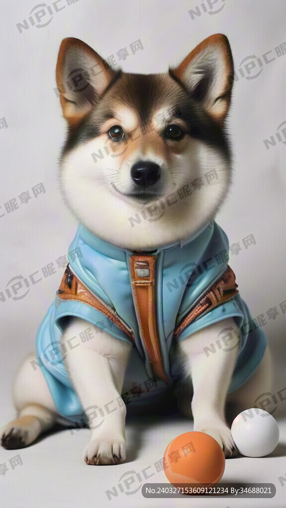 一只柴犬狗穿着浅蓝色衣服