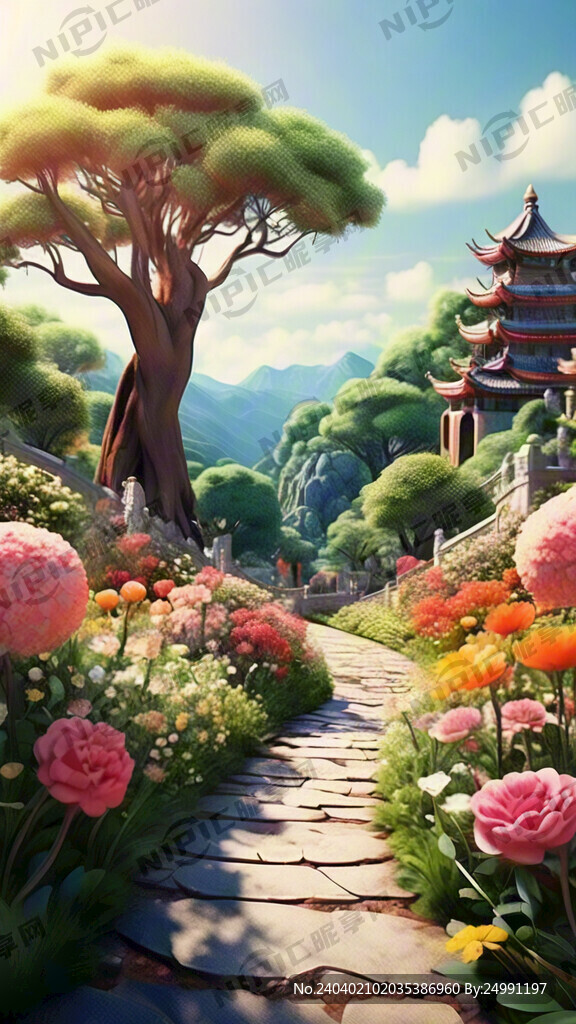 干净背景 五颜六色的花沿着小路