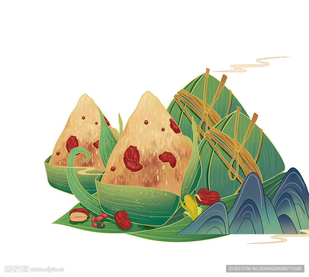 中国风端午节三角粽子手绘插画