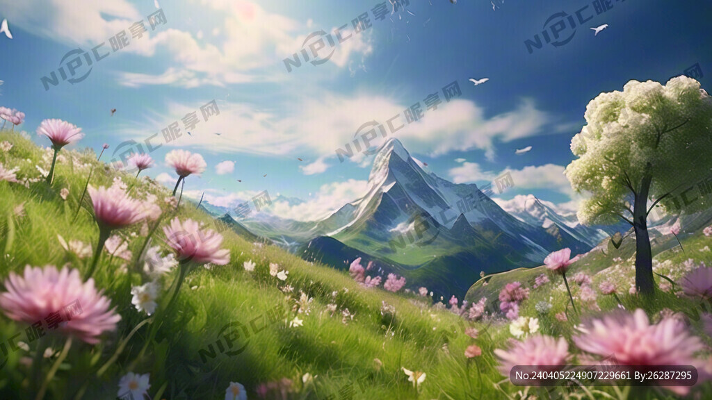 春意 花卉 草地 天空 云 山