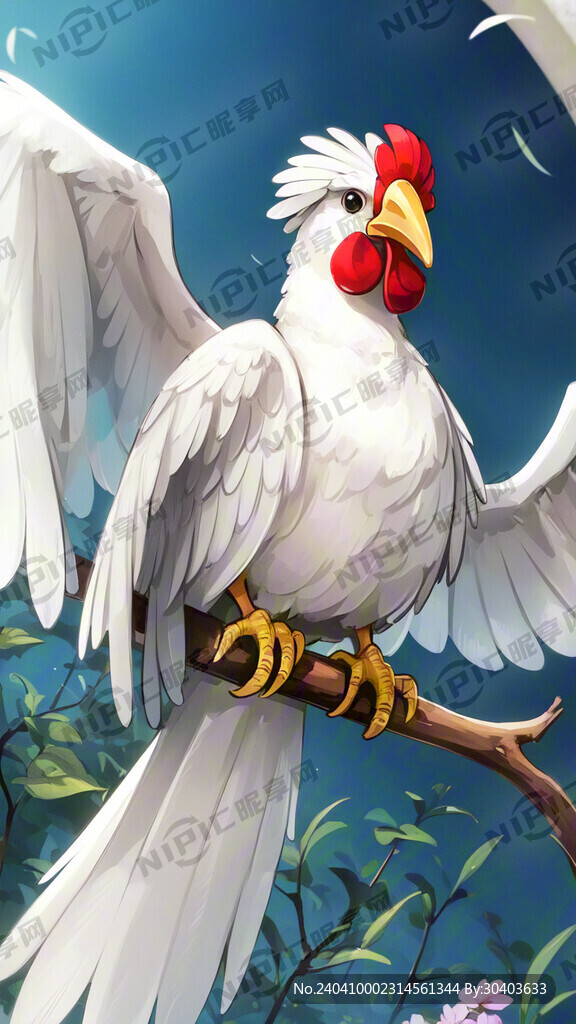 卡通鸡 白色 拿着伞 红鸡冠