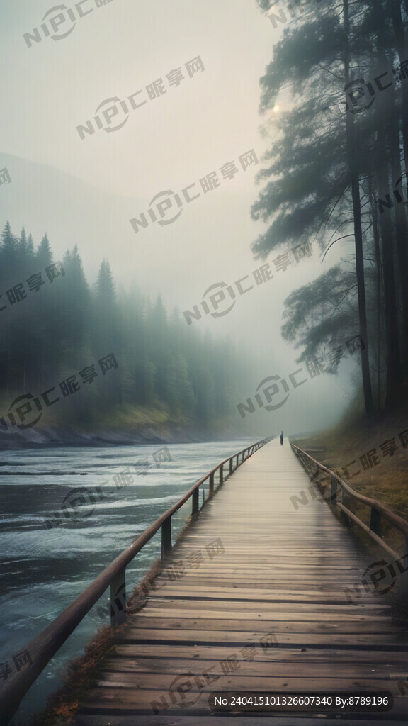 山底 河边 栈道 轻雾