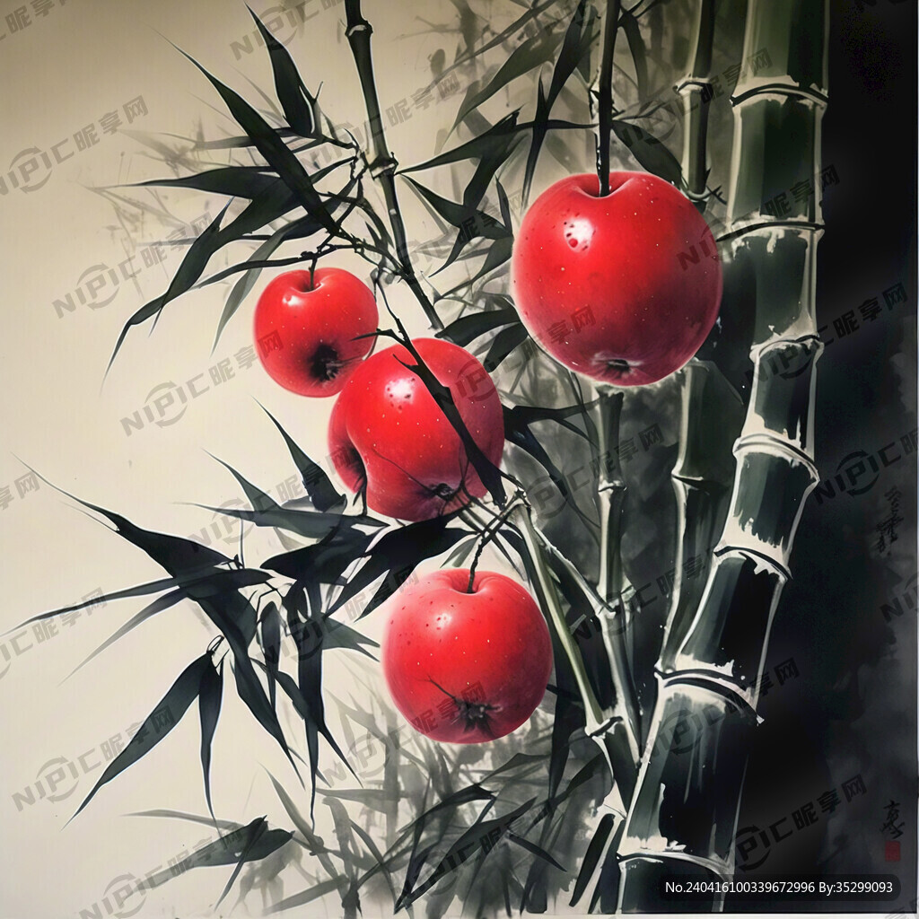 数码印花 水墨一根竹子枝芽