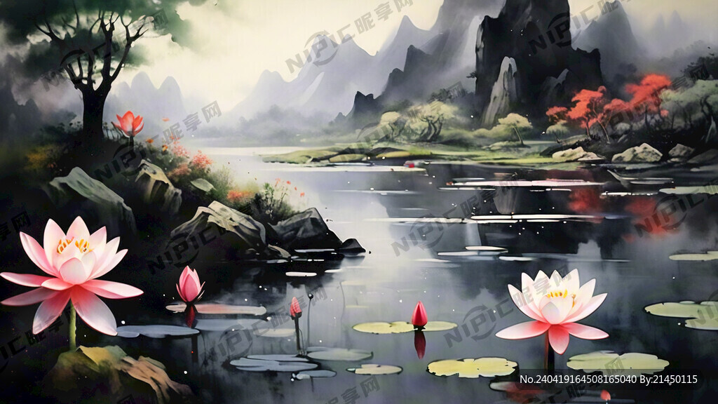 山水画 上面睡莲点缀 画面唯美