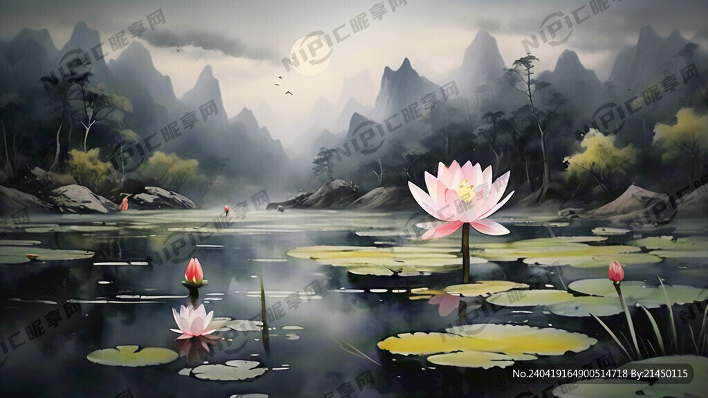 山水画 上面睡莲点缀 画面唯美