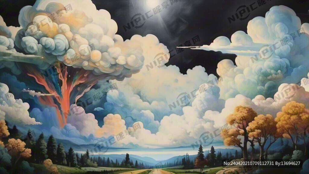 油画风格 都是云朵 和树林