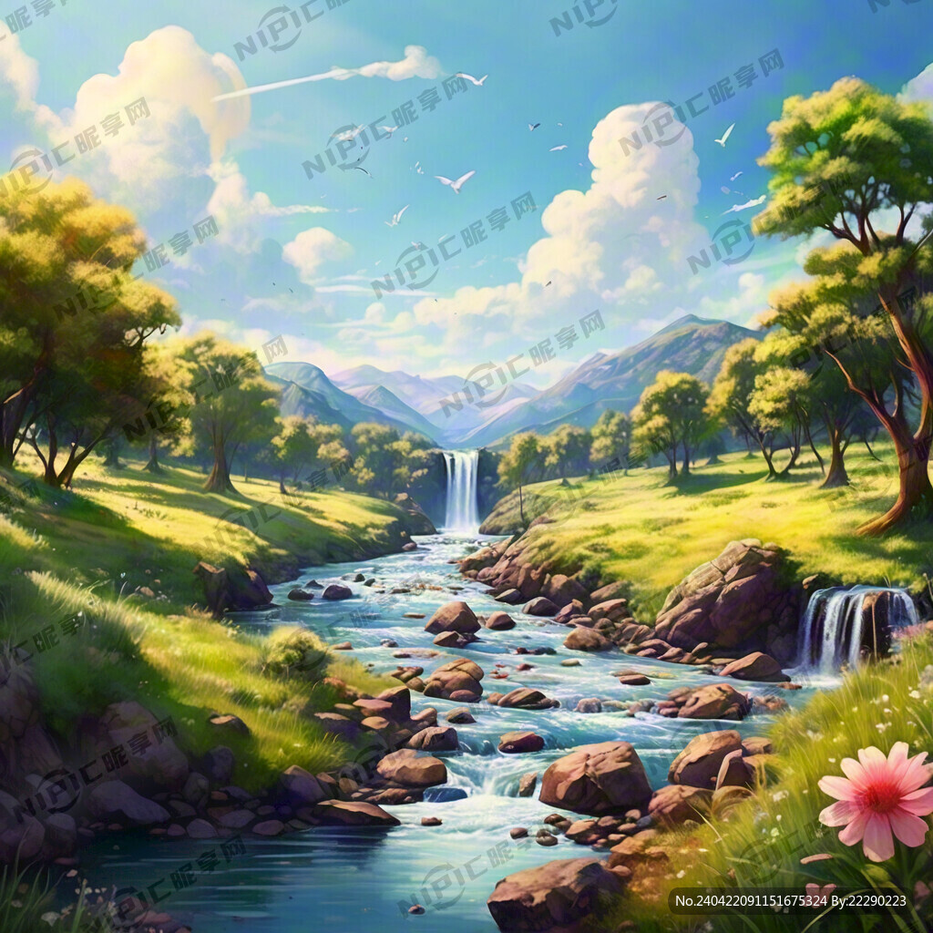 瀑布河流 平原草地 自然风光