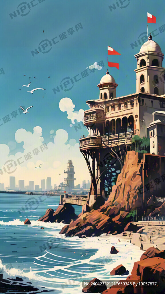 栈桥 手绘 结合海浪