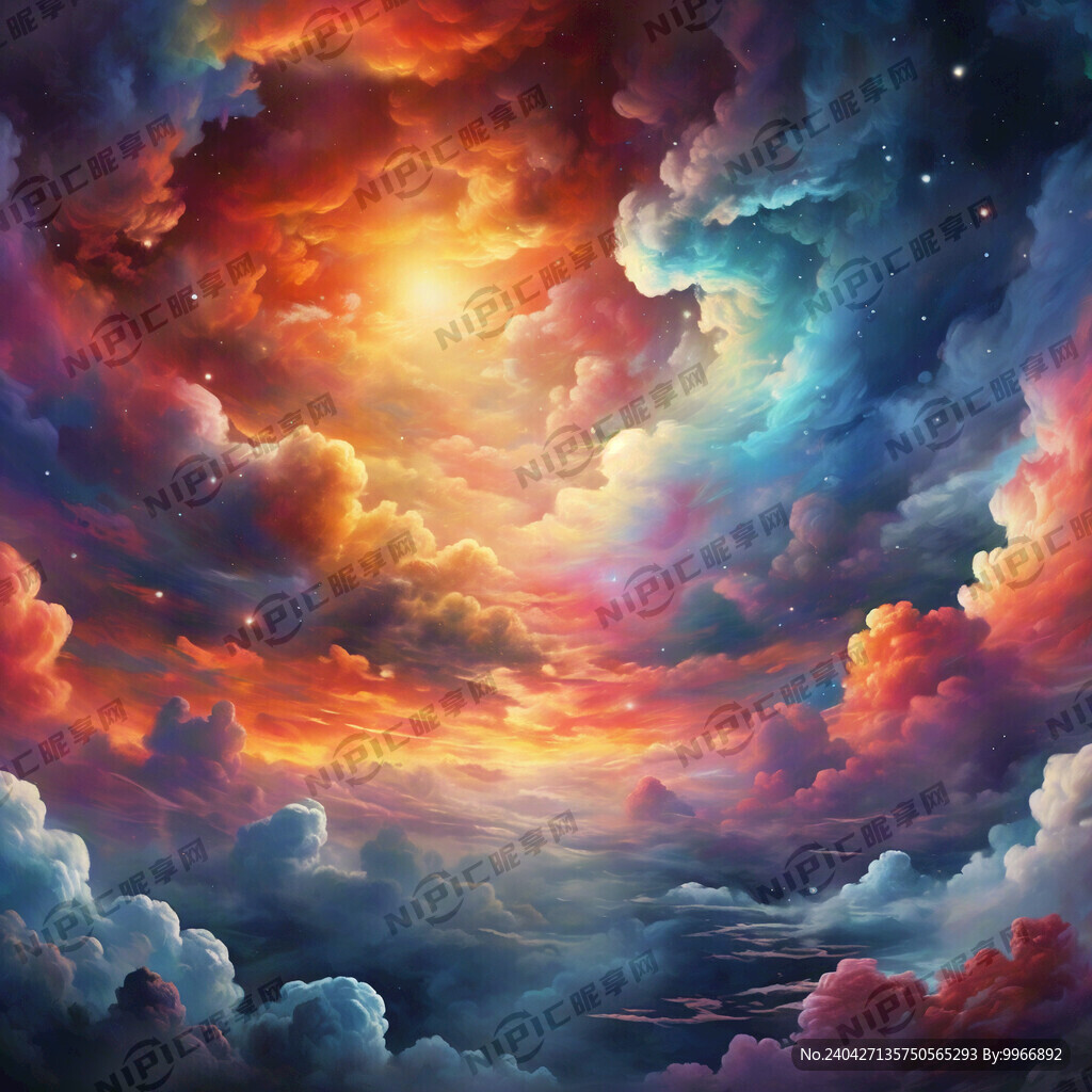 晚霞在七彩祥云上方和彩色天空中