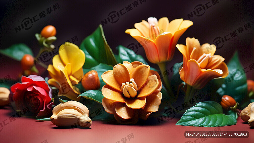 彩色腰果花 红色背景
