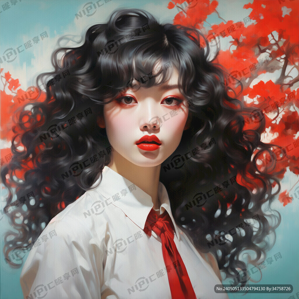 女生 卷发 明艳 红唇