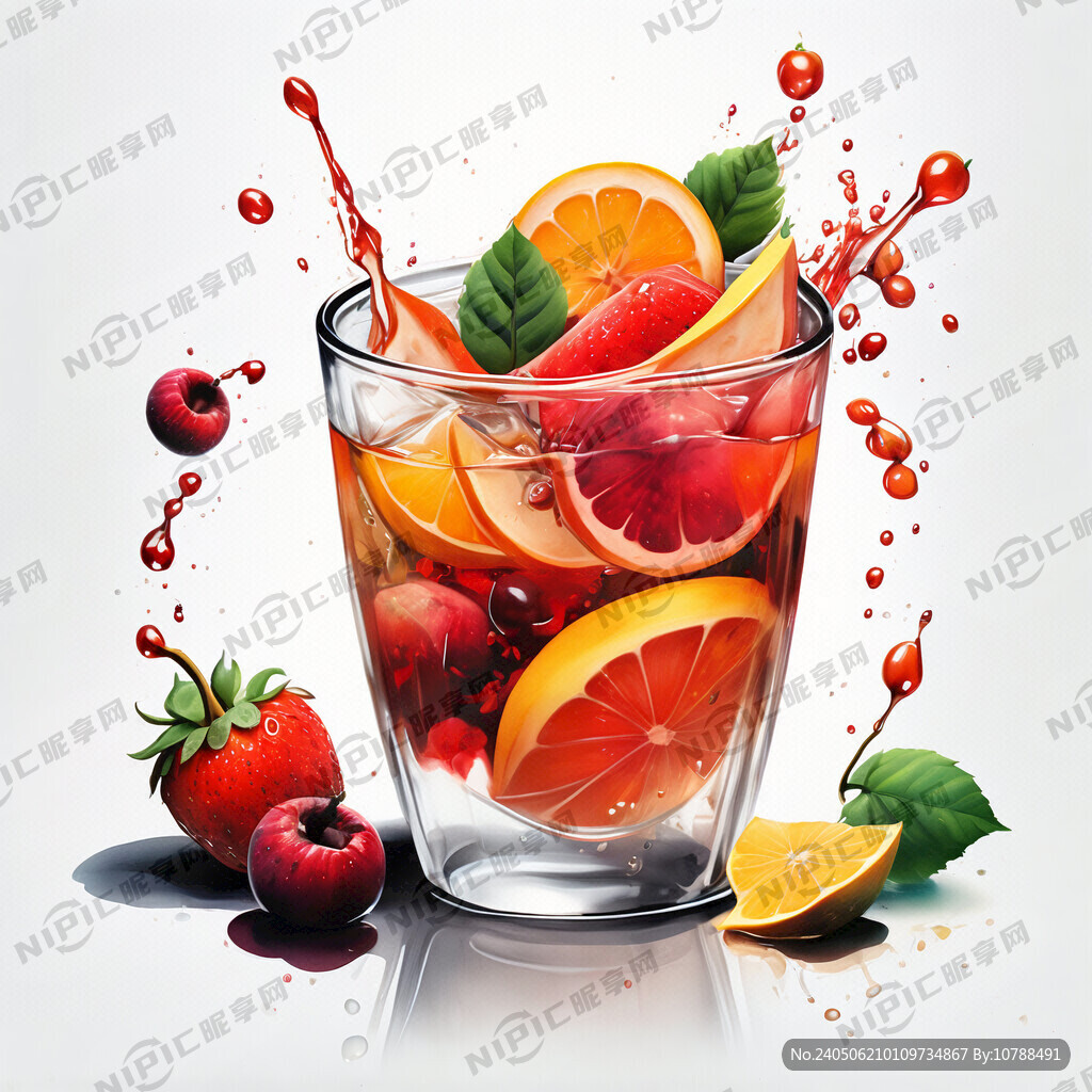 水果茶插画 玻璃杯的