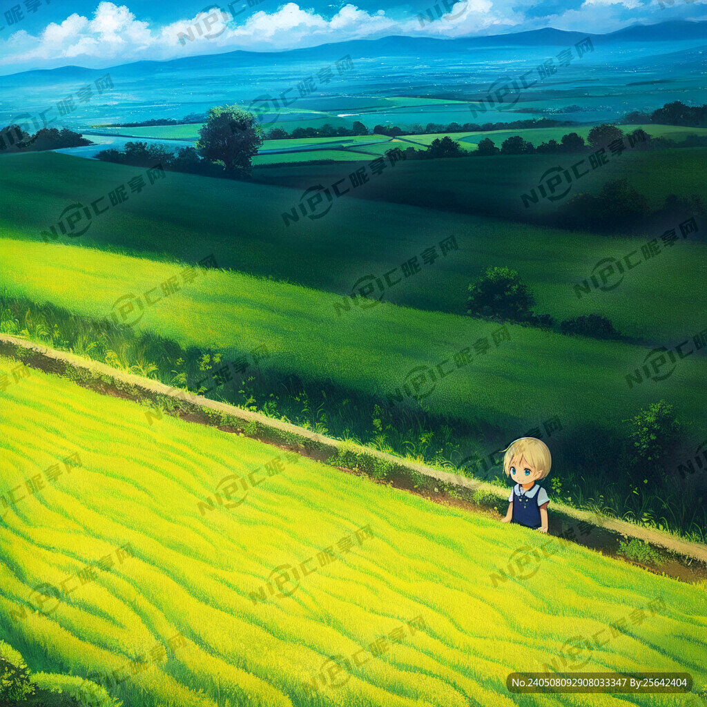 杂交水稻、小孩、稻田、卡通、