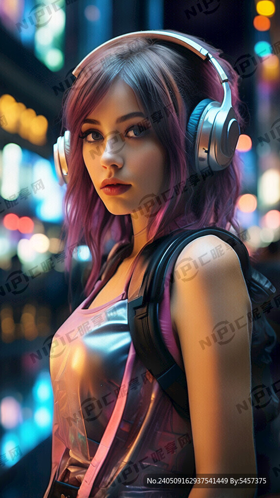 戴耳机女孩 未来科幻 炫彩风格