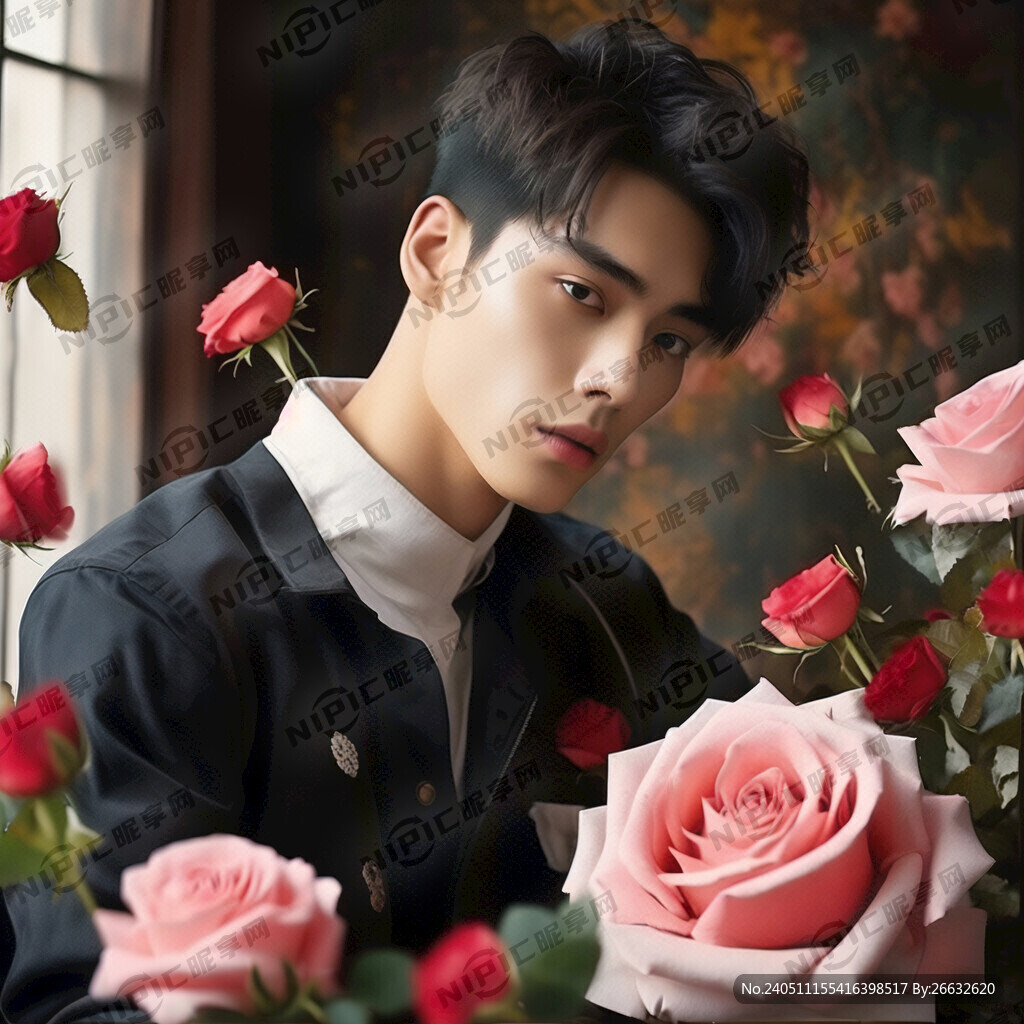 帅气男模 发玫瑰花 情人节