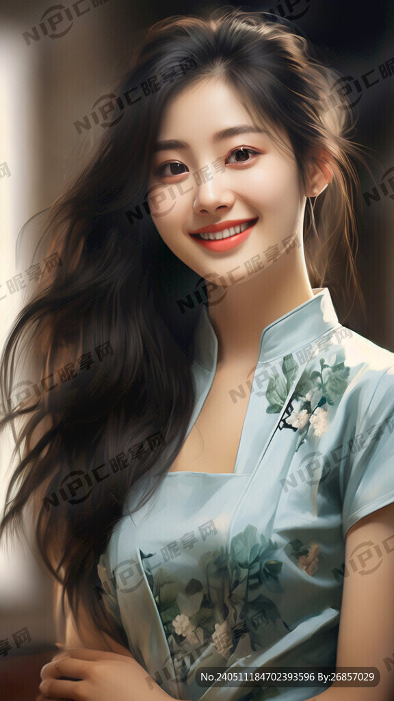 带微笑的旗袍年轻美女 浅色衣服