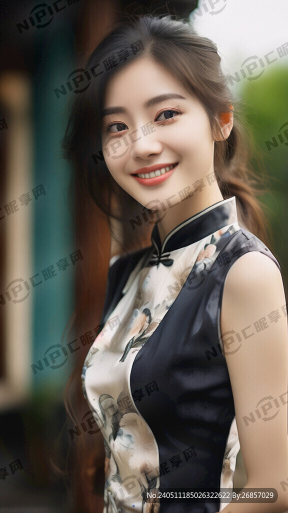 带微笑的旗袍年轻美女 浅色衣服