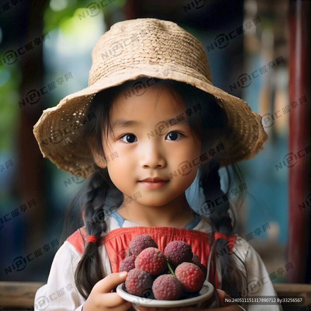 戴草帽的小女孩端着杨梅