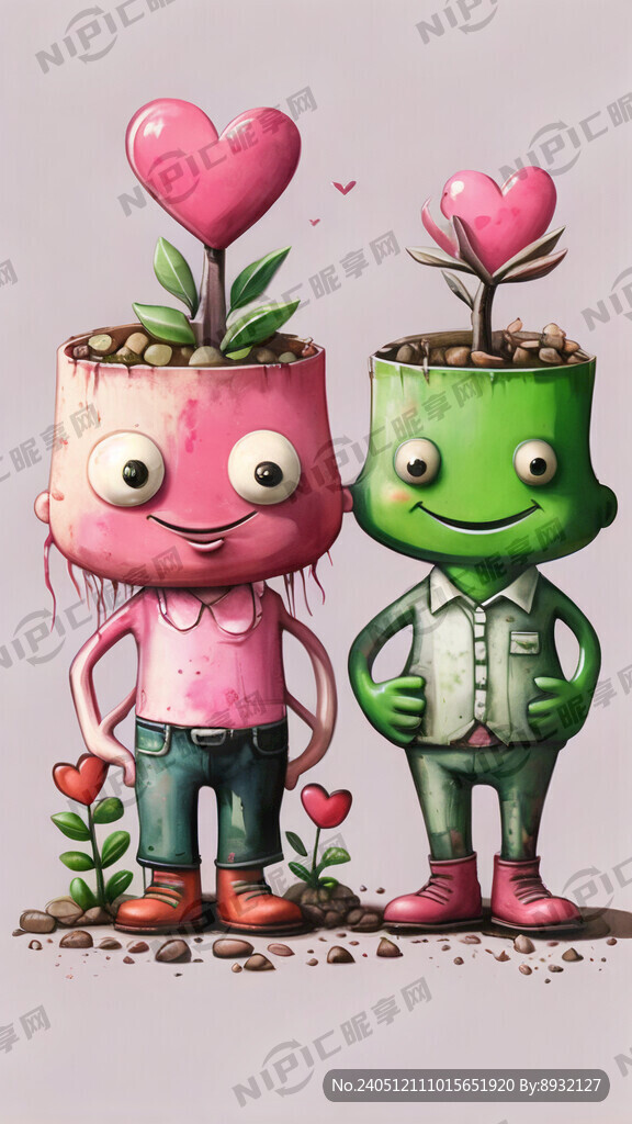 情侣种树卡通 粉色系 油画风格