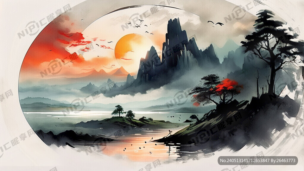 新中式水墨画 云雾缠绕 山川