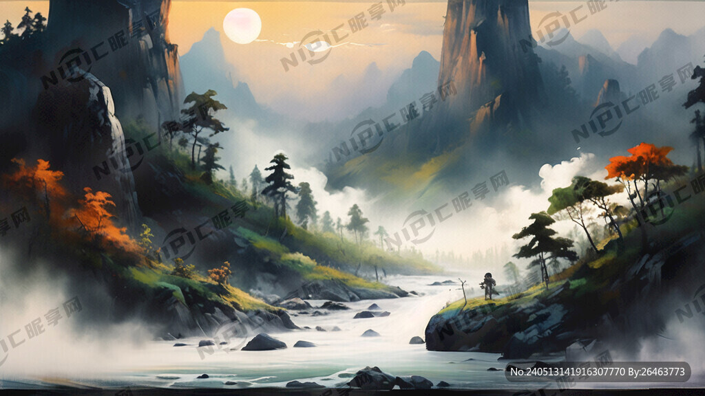 新中式水墨画 云雾缠绕 山川