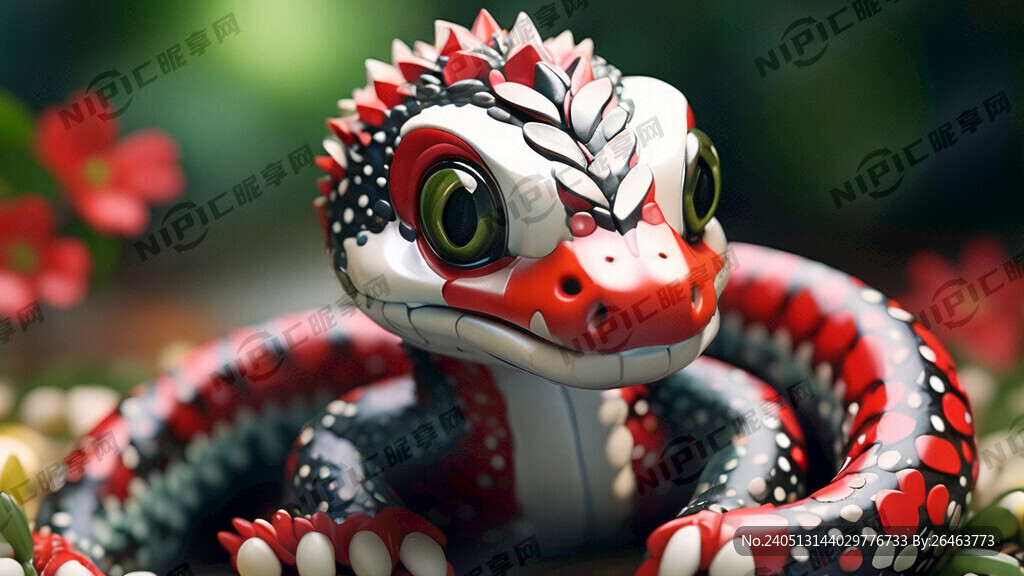 3D蛇宝宝吉祥物 红白花点蛇