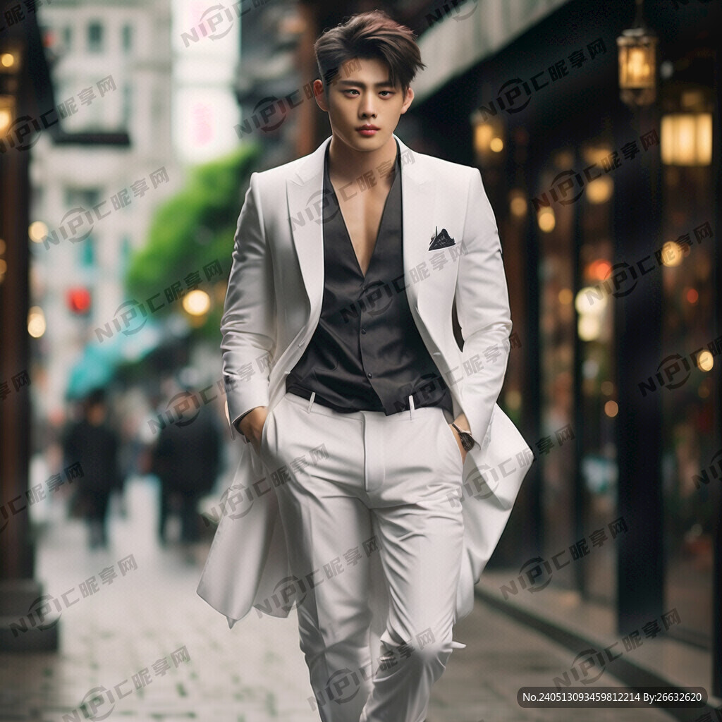 穿白色西服的帅哥 全身