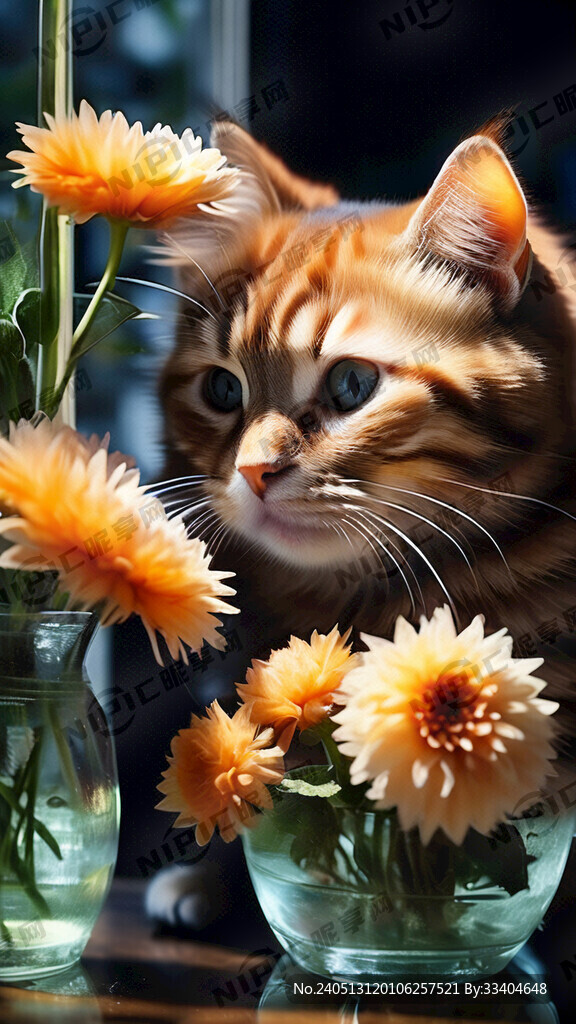 橘色猫咪闻着花瓶中的漂亮的鲜花