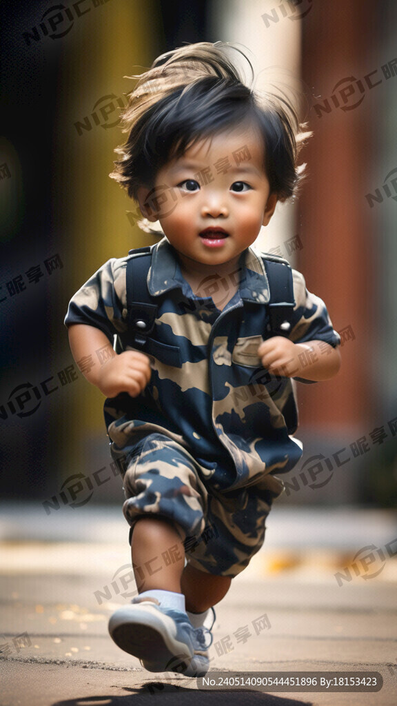 穿着迷彩服的幼儿在跑步
