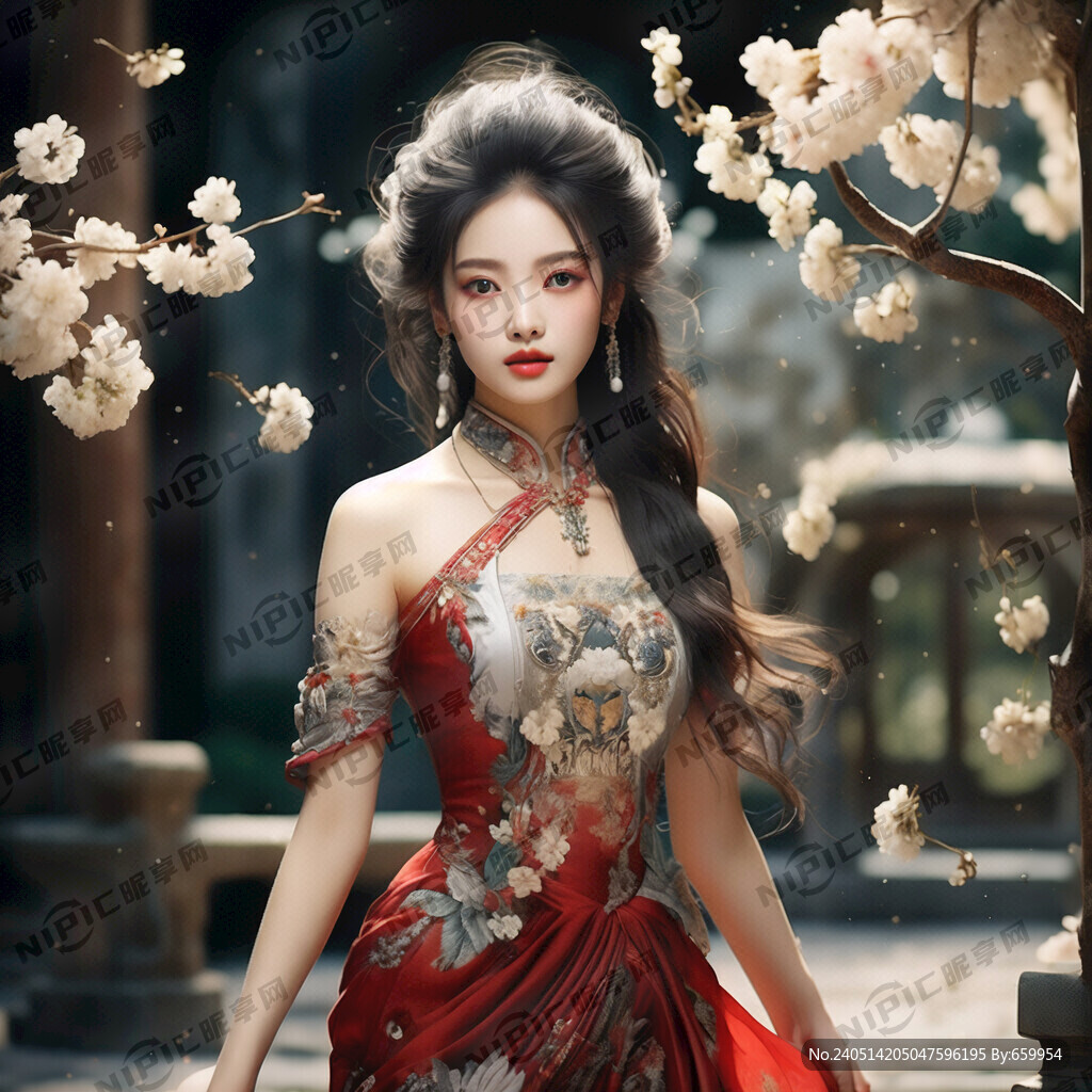 一位优雅的女性在古老的中国庭院