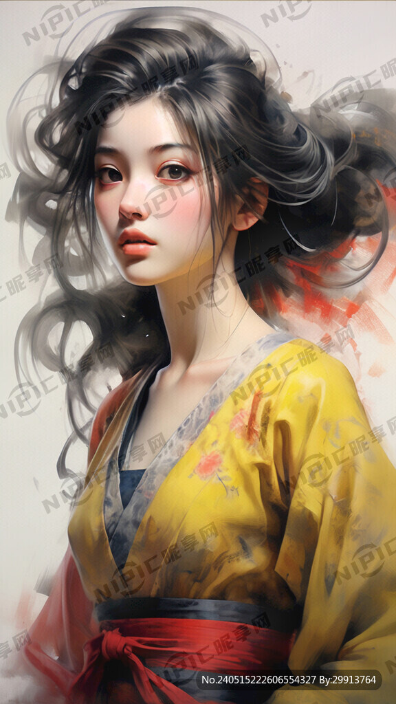 一个古代美丽的少女穿着鲜艳的中