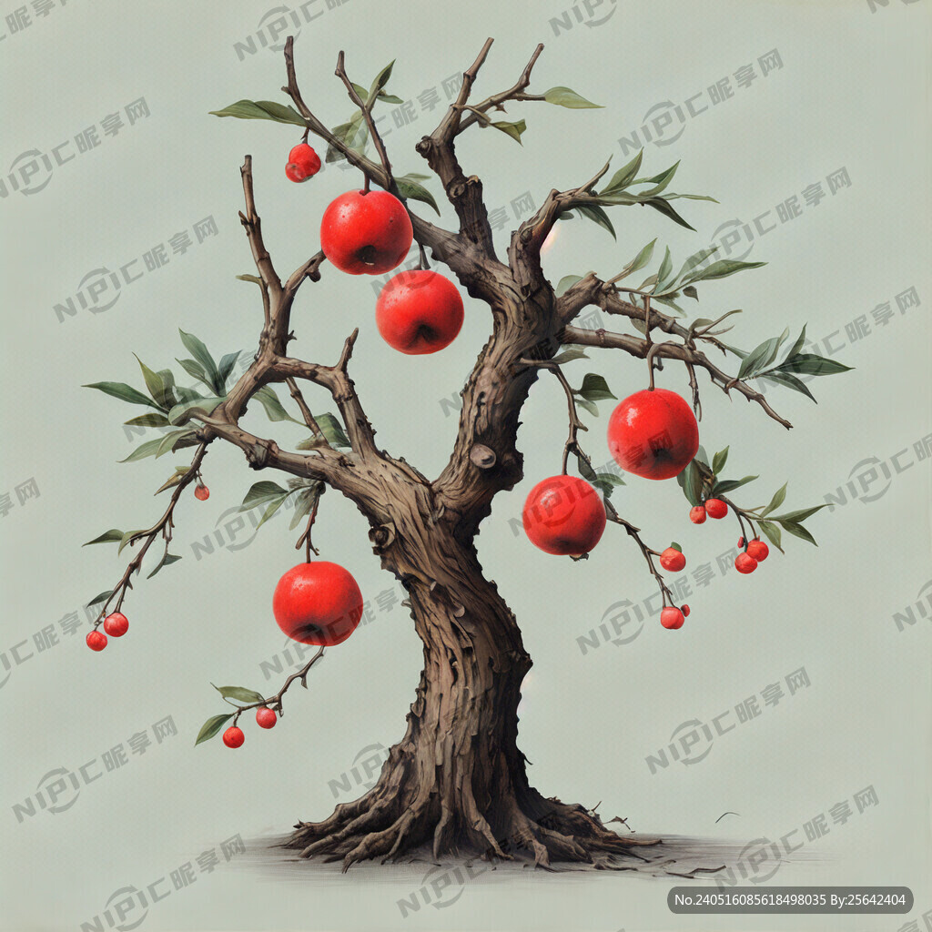 雕梅树干和果子插画