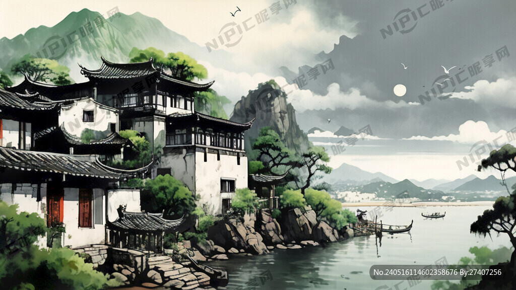 水墨风、淡绿色、千里江山的大气