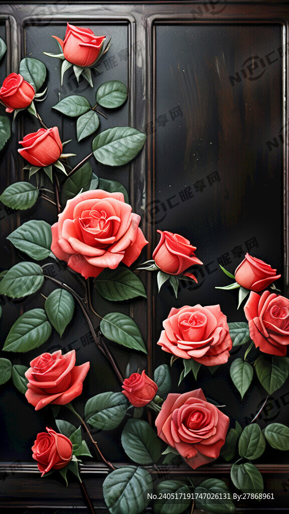 底板深色木栏杆 红色玫瑰花